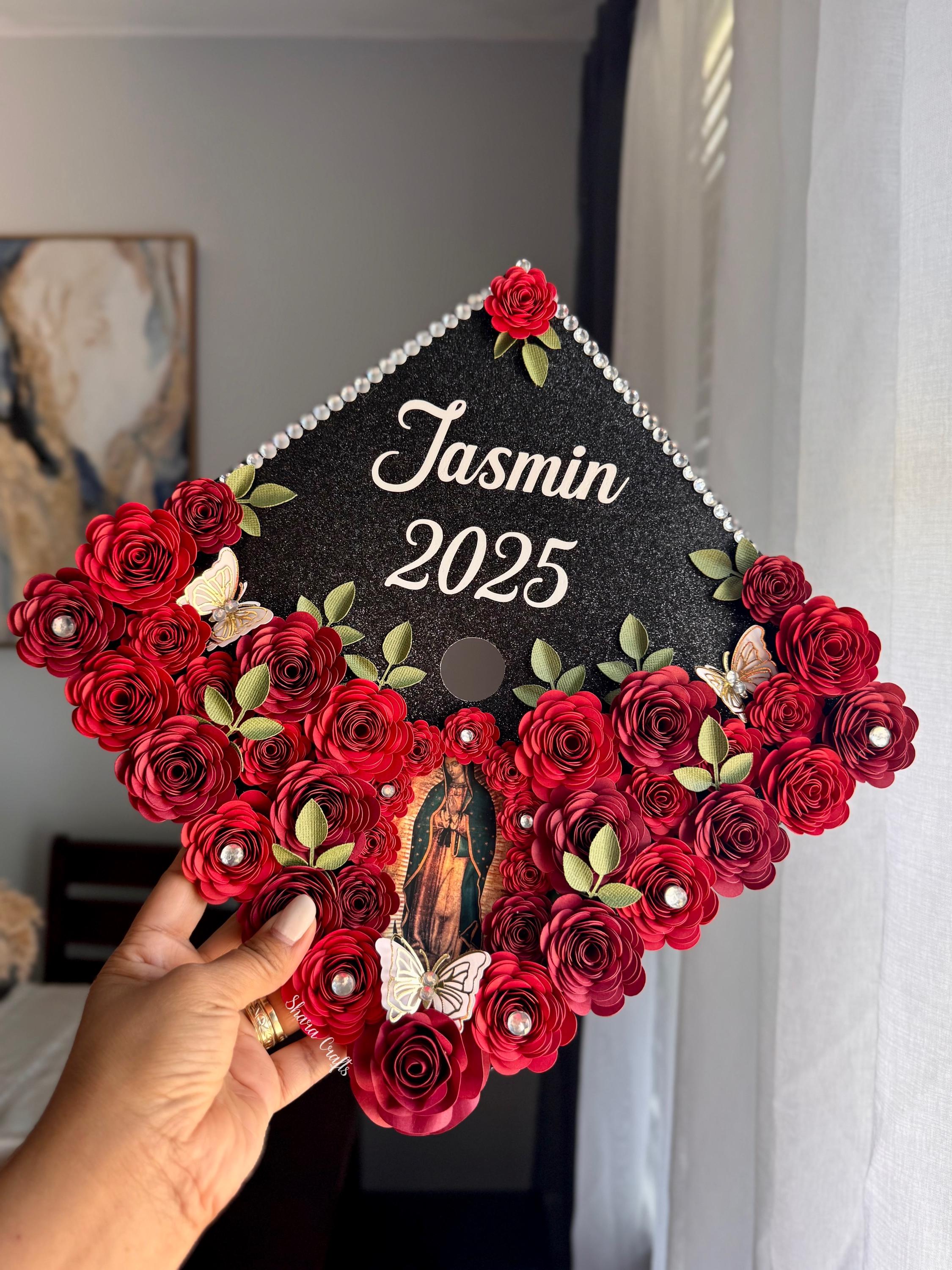 Red Glitter Graduation Cap Topper with Red and White Roses Graduation Cap Topper Red Flowers - Etsy main image 3