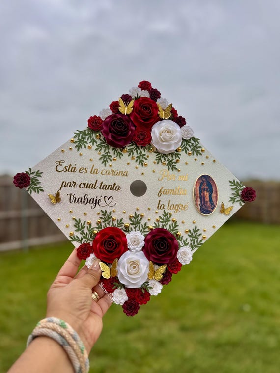Red Glitter Graduation Cap Topper with Red and White Roses Graduation Cap Topper Red Flowers - Etsy main image 4