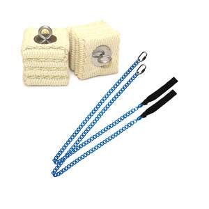 May include: Two white fire poi with blue chains and black straps. The poi are made of woven material and have a metal ring on top.