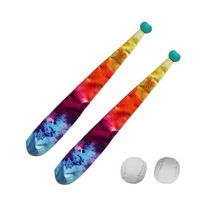 May include: Two rainbow-coloured bat-like objects with teal tips and two white balls. The bats have a watercolour-like design with shades of red, orange, yellow, green, blue, and purple.