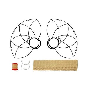 May include: A set of two black metal lampshades with a floral design, a spool of red thread, two curved needles, and a beige fabric strip.