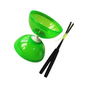 May include: A vibrant green diabolo toy with a transparent design. The diabolo is split open, showing its hollow interior. Black hand sticks with a yellow string are included. This toy is designed for juggling and skill-based games. The diabolo is a classic toy.