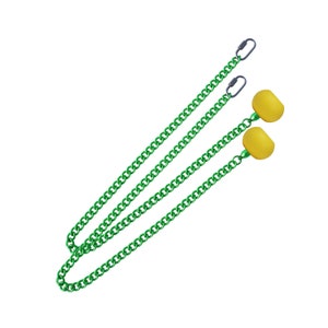 Op de afbeelding: Twee groene kettingen met gele gewichtsballen aan het einde. De kettingen zijn verbonden met een zilveren clip.