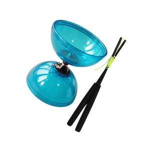 May include: A transparent turquoise diabolo toy with a black and yellow string and black hand sticks. The diabolo is made of two cup-shaped halves connected at the centre. The hand sticks are black with a yellow string wrapped around them.