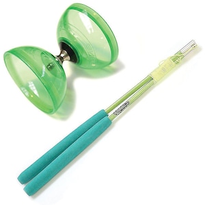 May include: A green plastic yo-yo with two strings attached to a green foam handle. The yo-yo has a clear plastic body and a silver metal axle.