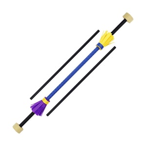 Könnte beinhalten: Ein blauer und violetter Jonglierstab mit gelben Quasten an jedem Ende. Der Stab besteht aus zwei schwarzen Stäben, an denen ein blaues und violettes Seil befestigt ist. Das Seil hat an jedem Ende eine gelbe Quaste.
