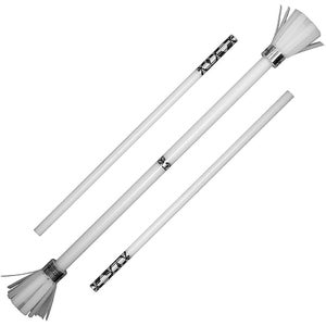 May include: Three white wands with decorative silver bands and black geometric patterns. Two wands have a brush-like end. The wands are of varying lengths and are set against a white background.
