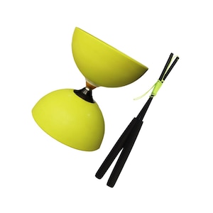 May include: A yellow diabolo toy with a black and orange centre and black hand sticks. The diabolo is a juggling prop, often used in circus performances and street entertainment. The diabolo is made of two cups connected by an axle.