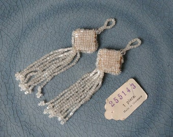 Beaded tassels, antique white, vintage, set of two 3.75" square top, 1920s, glass beads, German, earrings, jewelry, trim, necklace, flapper,