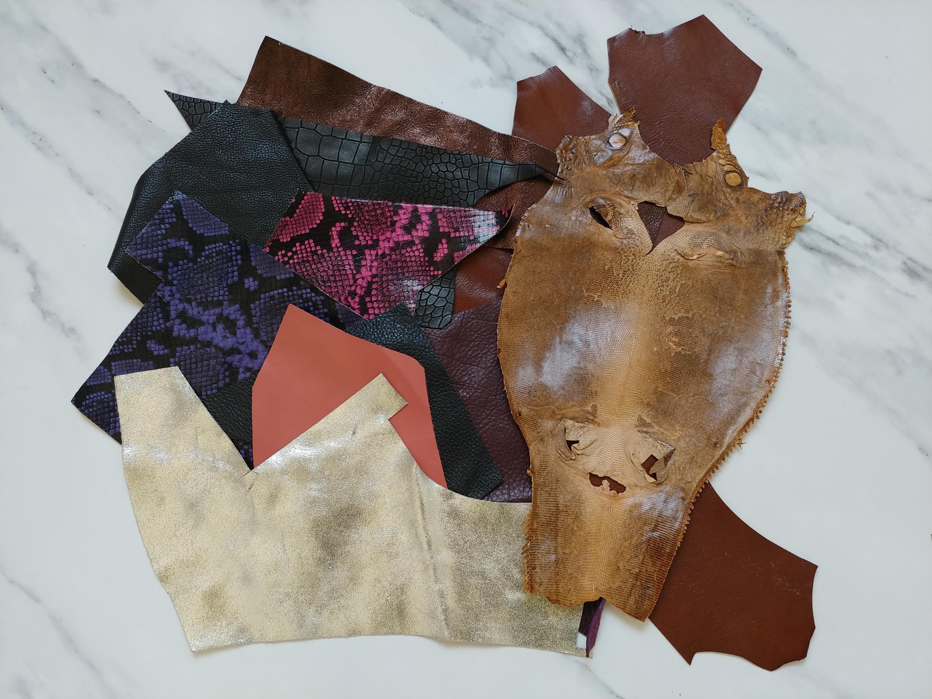 Leather scraps, mixed colors, textured cow, snake print, real lizard skin, 9 oz,  jewelrymaking, crafts, miniatures, doll craft, sewing, diy