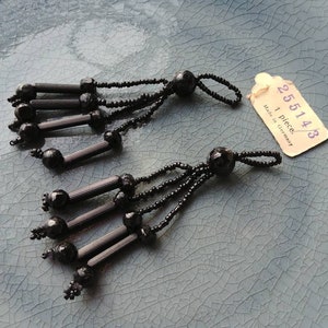 Small black beaded tassels set of 2, vintage, antique 1920s, flapper, glass beads, German, unusual, unique, earrings, necklace, jewelry