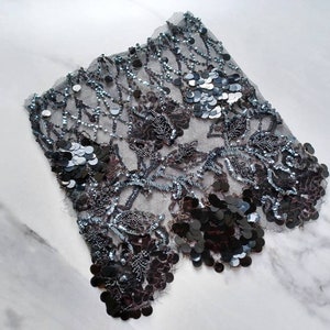 1920s black beaded and sequined silk net lace sleeve panel, antique trim, vintage, flapper, paillettes, textile, millinery supply