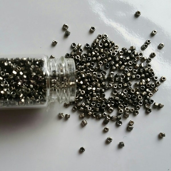 Antique 20s 30s German gunmetal silver glass seed beads in 2 dram glass vial - filled to the top- from beaded tassels - vintage beads