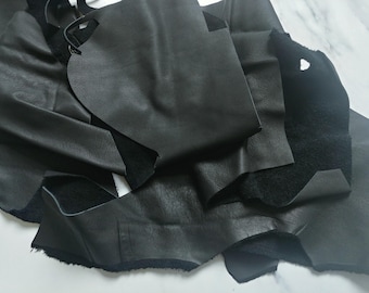 Black leather scraps, 1 lb, matte cow, medium weight to thick, LG pieces, medium pieces, diy crafts, repurposed, upcycled, reused materials