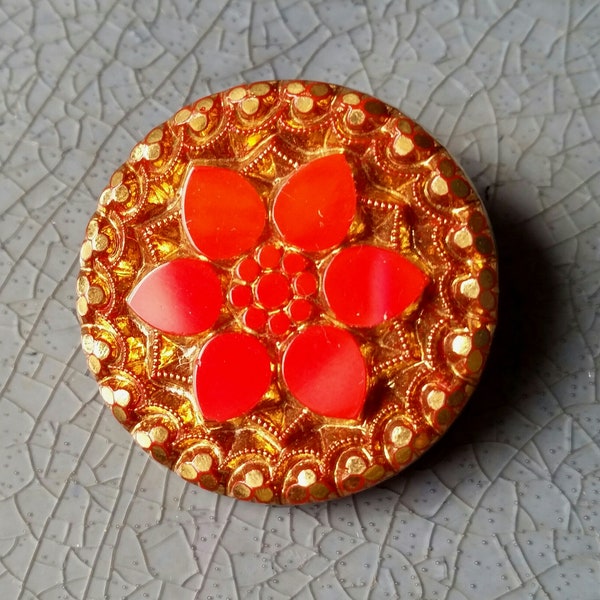 Antique 30mm rare Czech glass button flower design - red-orange with gold - metal shank