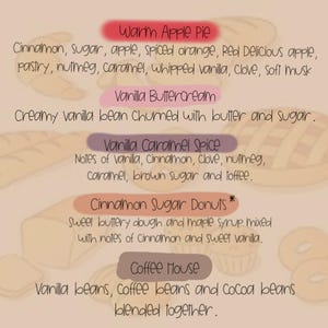May include: A beige graphic with text describing various scents. The text includes "Warm Apple Pie", "Vanilla Buttercream", "Vanilla Caramel Spice", "Cinnamon Sugar Donuts", and "Coffee House", with detailed ingredient lists for each.
