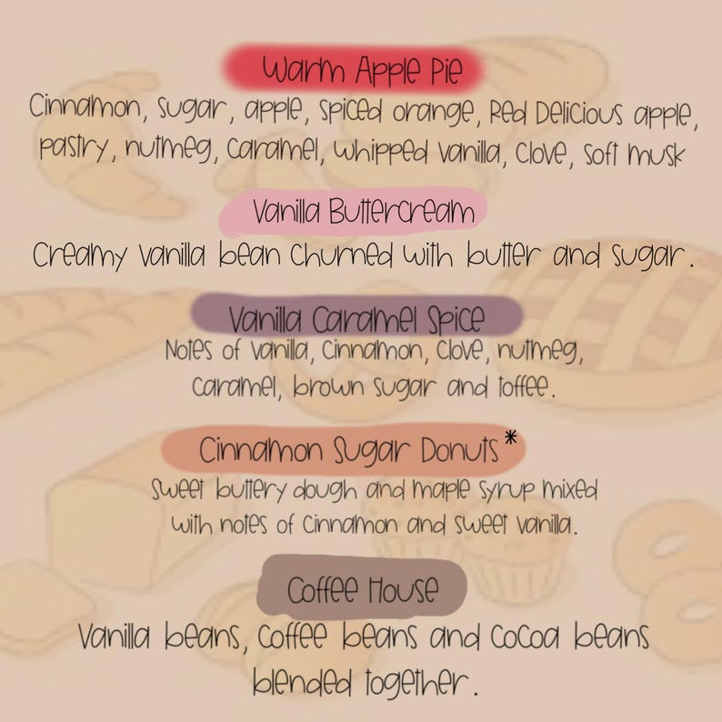 May include: A beige graphic with text describing various scents. The text includes "Warm Apple Pie", "Vanilla Buttercream", "Vanilla Caramel Spice", "Cinnamon Sugar Donuts", and "Coffee House", with detailed ingredient lists for each.