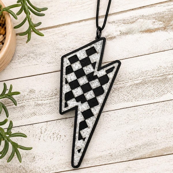 Checkered Lightning Bolt Car Freshie | Custom Color Car Air Freshener | Trendy Car Charm | Rearview Mirror Hanging Freshie