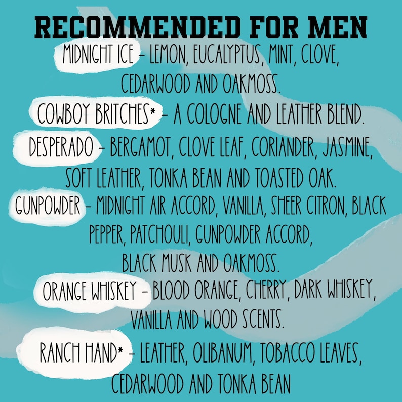 May include: A teal background with the text "RECOMMENDED FOR MEN" in black. Below, a list of fragrances with their scent notes: Midnight Ice, Cowboy Britches, Desperado, Gunpowder, Orange Whiskey, and Ranch Hand.