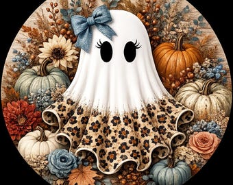 Fall Ghost Cardstock Circle | Autumn Pumpkin Ghost | Leopard Floral