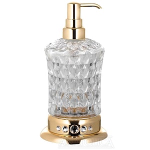 Anatolica Gold Pvd Finish Brass Soap Dispenser with Sparkling Diamond Accents, Premium Cut Glass Bottle, Free Standing