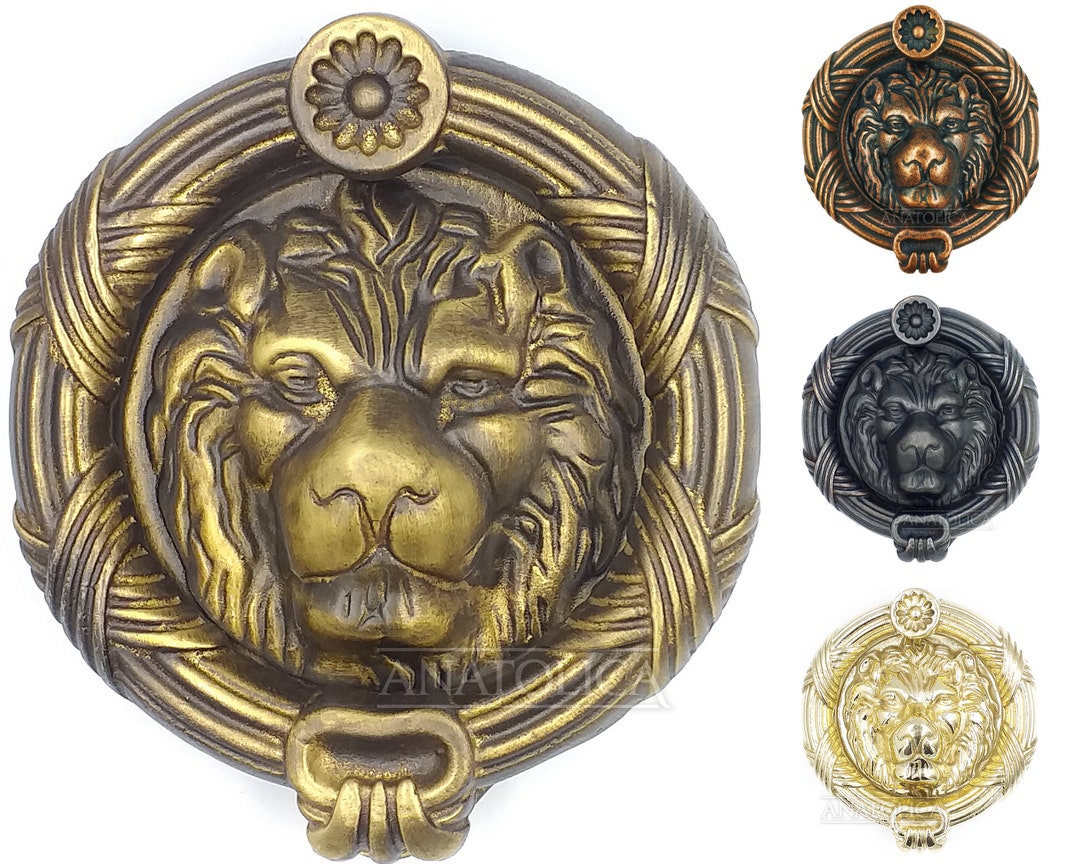 Large Vintage Antique Solid Brass Ornate Lions Head Door Knocker
