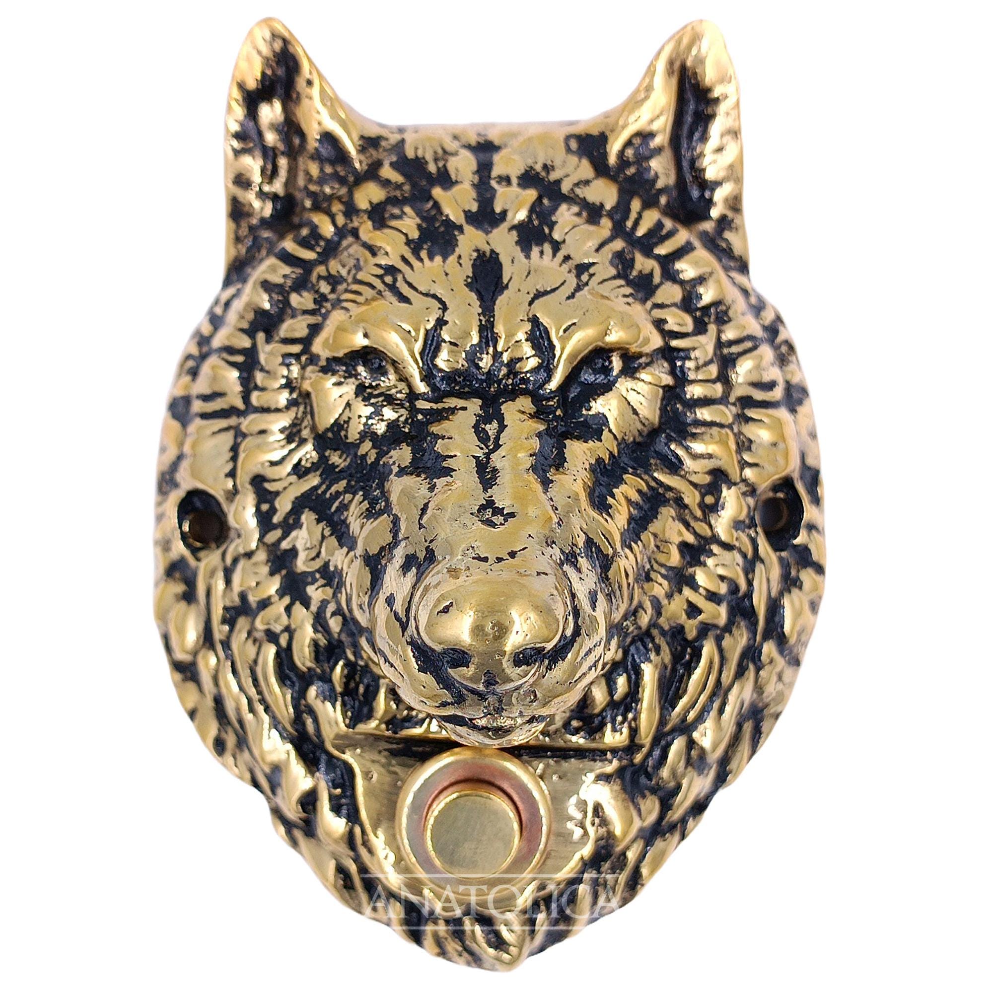 Anatolica Wolf Head Wired Brass Doorbell Chime Push Button Vintage Decorative Door Bell Unlacquered Finish
