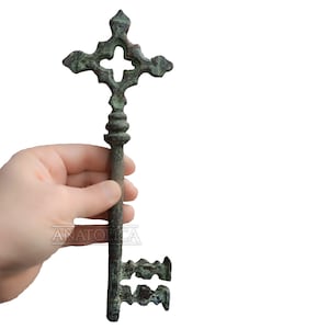 Vintage Large Cross Key, 9.9 inches, Solid Brass, Church Monastery Warded Key, Verdigris Green