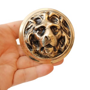 May include: A circular, brass-toned lion head door knocker. The lion's face is intricately detailed with a mane and facial features. The knocker is held in a hand against a white backdrop.