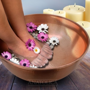 Anatolica Hand Hammered Copper Pedicure Bowl, Foot Bath Basin, Polished Natural Red Finish