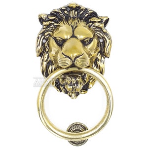 Large Regency Lion Brass Door Knocker 7.5 inches Antique Patina