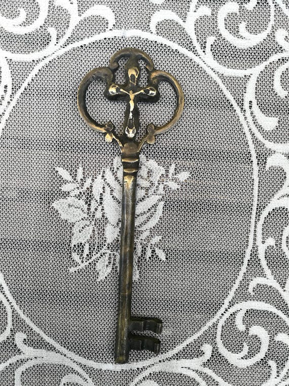 Large Crucifix Cross Key, 7.5 inch 19.5cm, Solid Brass, Engraved