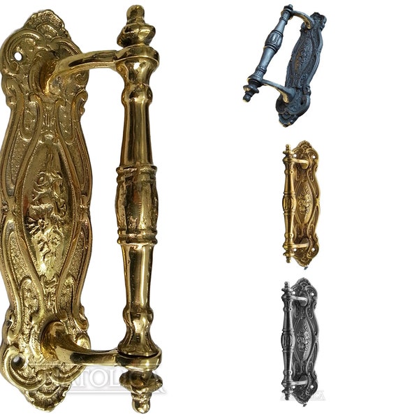 Anatolica Traditional Design 9.5'' Solid Brass Cranked Door Pull Handle with Backplate Ornate Floral Design