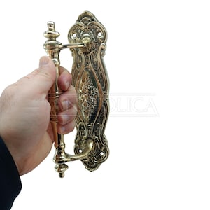 Anatolica Traditional Design 9.5'' Solid Brass Cranked Door Pull Handle with Backplate Ornate Floral Design