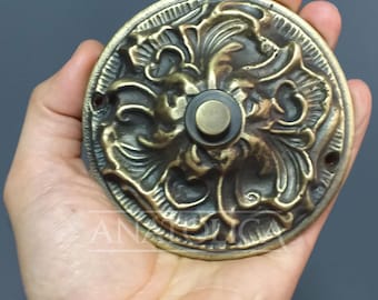 Anatolica Large Ornate Brass  Wired Doorbell Chime Push Button, 4 inches,  Decorative Door Bell Push
