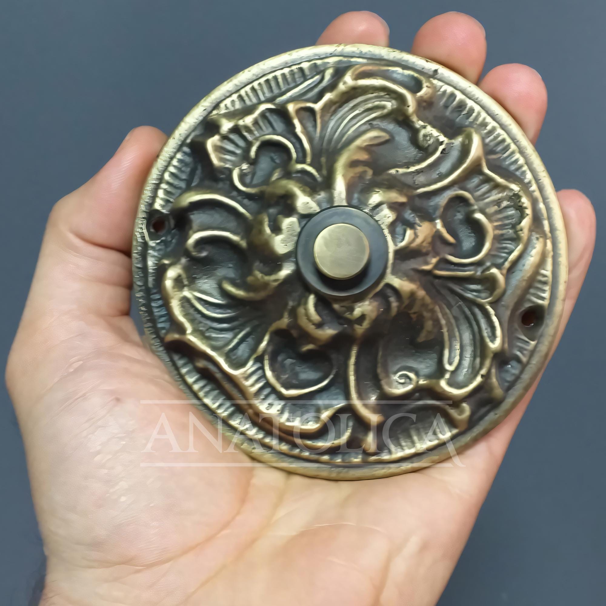 Anatolica Large Ornate Brass Wired Doorbell Chime Push Button, 4