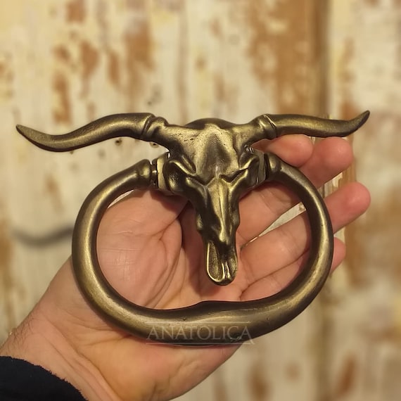 Anatolica Longhorn Steer Head Door Knocker, Solid Brass, 6.7