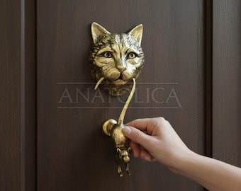 Anatolica Cat and Mouse Door Knocker, Solid Brass, 8.7 inches, Front Door Ornament