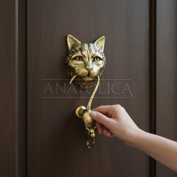Anatolica Cat and Mouse Door Knocker, Solid Brass, 8.7 inches, Front Door Ornament