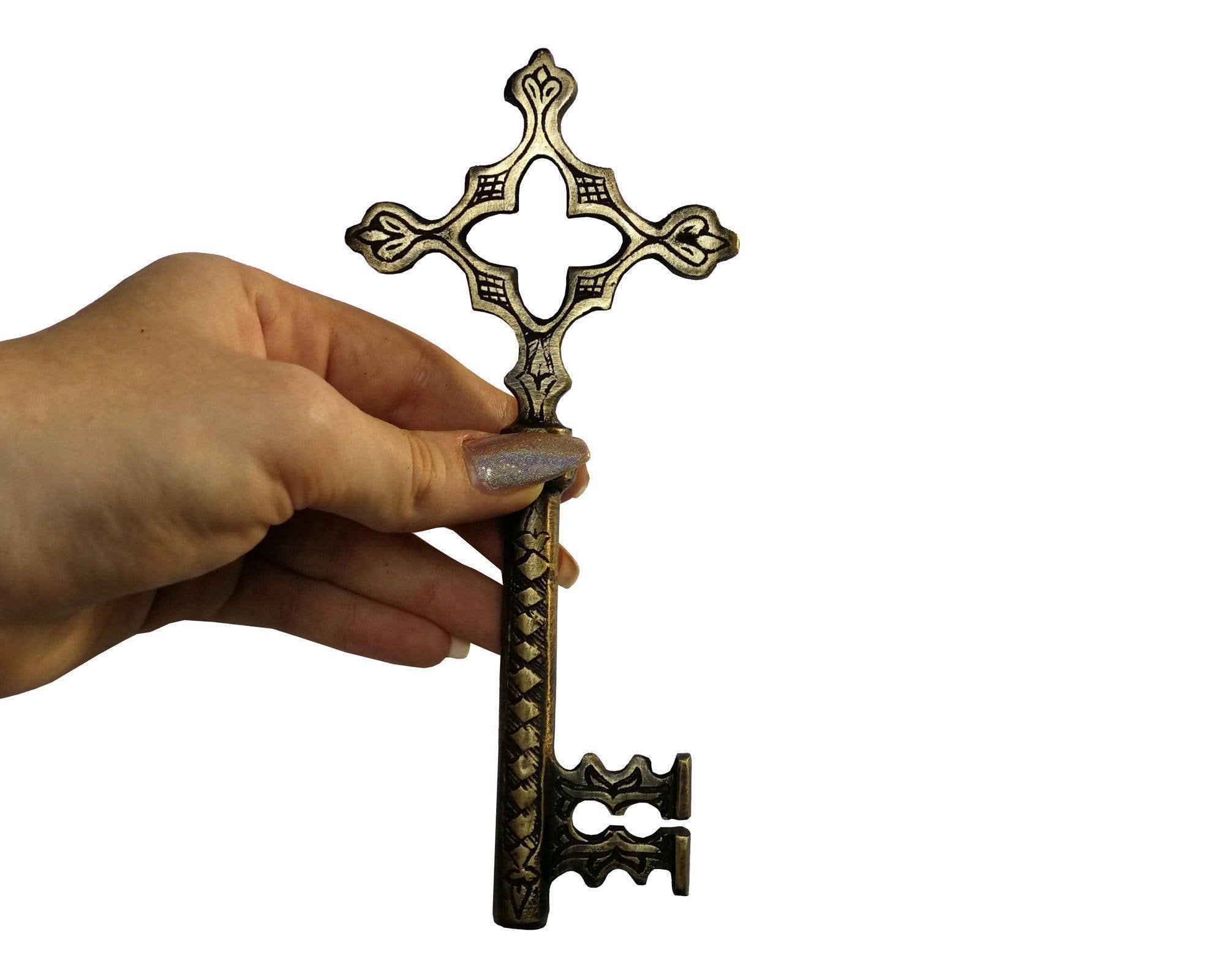 Vintage Cross Key Large 6.93 Inches Solid Brass Engraved Church ...