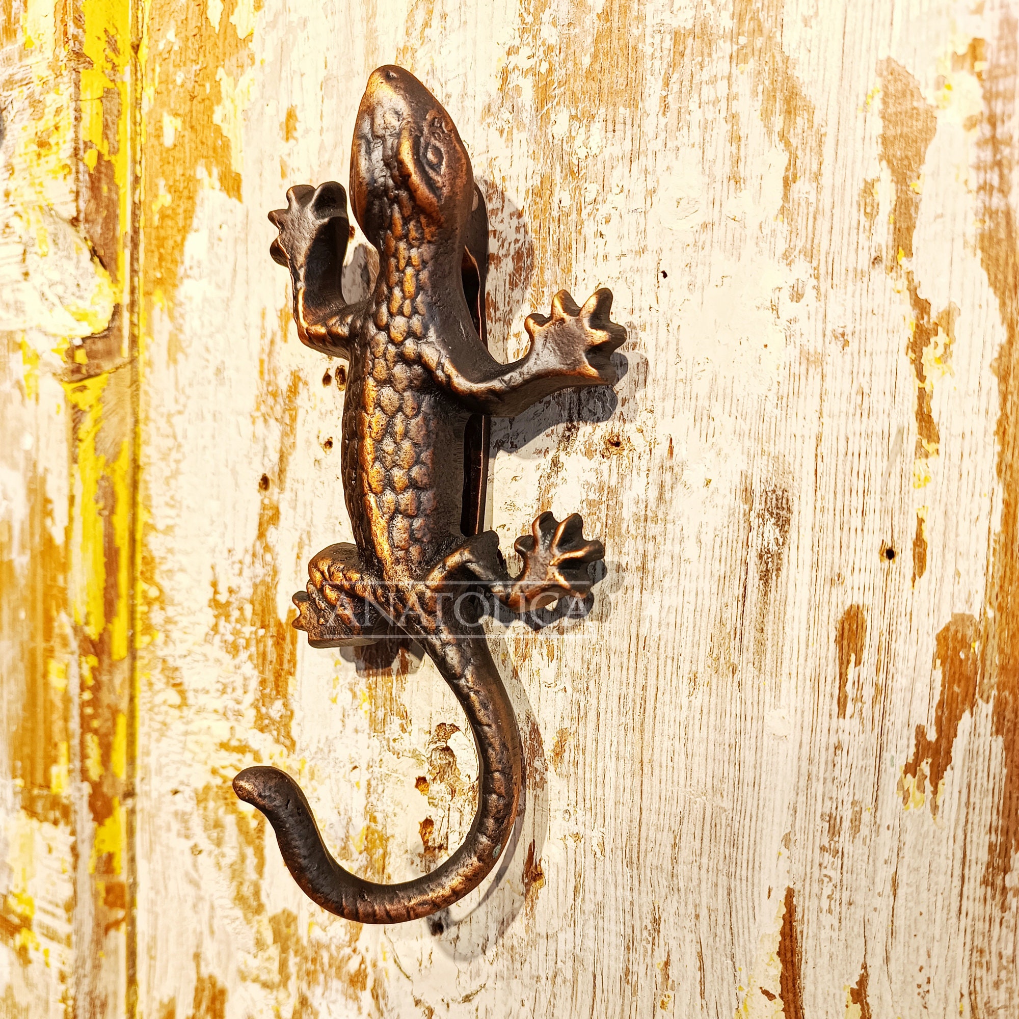 Anatolica Brass Gecko Door Knocker, 6.5 Inches, Lizard Frontdoor