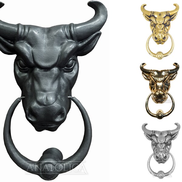 Anatolica  Bull Head Door Knocker,Solid Brass, 8.9 inches Tall,Front Door Ornament