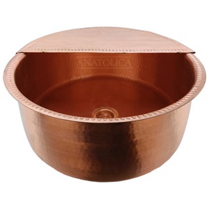 Anatolica Hand Hammered Copper Pedicure Bowl, 16 inches, with Foot Rest, Wellness, Drain Hole, Polished Natural Finish
