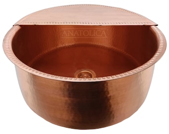 Anatolica Hand Hammered Copper Pedicure Bowl, 16 inches, with Foot Rest, Wellness, Drain Hole, Polished Natural Finish