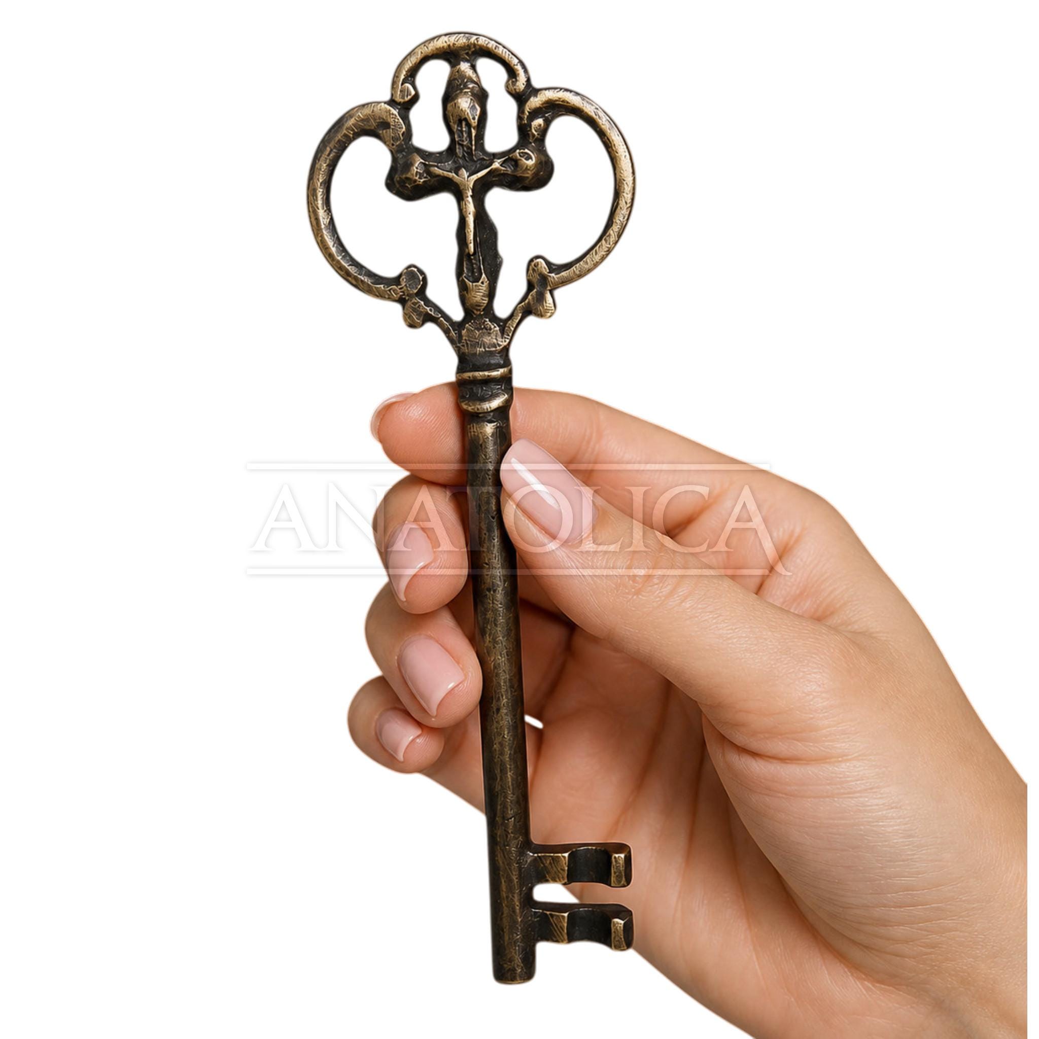 Large Crucifix Cross Key, 7.5 Inch 19.5cm, Solid Brass, Engraved