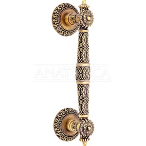 Anatolica Luxury Embossed Brass Door Pull Handle on Rose, 10 inches Tall