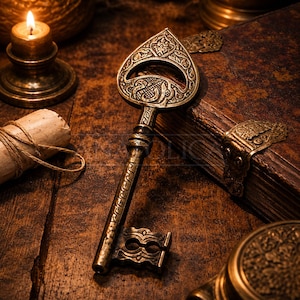 May include: An antique brass key with ornate detailing, lying on a wooden surface. The key has a teardrop-shaped head with intricate carvings and a long, textured stem. A lit candle and a rolled parchment add to the vintage aesthetic.