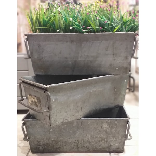 Set of 3, Industrial French Vintage Zinc Storage Bin, Trough, Planters