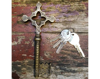 Vintage Cross Key Large 6.93 Inches Solid Brass Engraved Church Monastery Warded Key