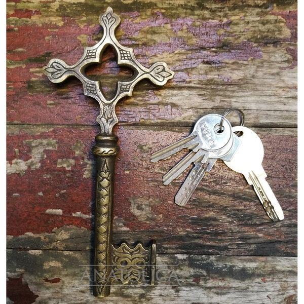 Vintage Cross Key Large 6.93 Inches Solid Brass Engraved Church Monastery Warded Key
